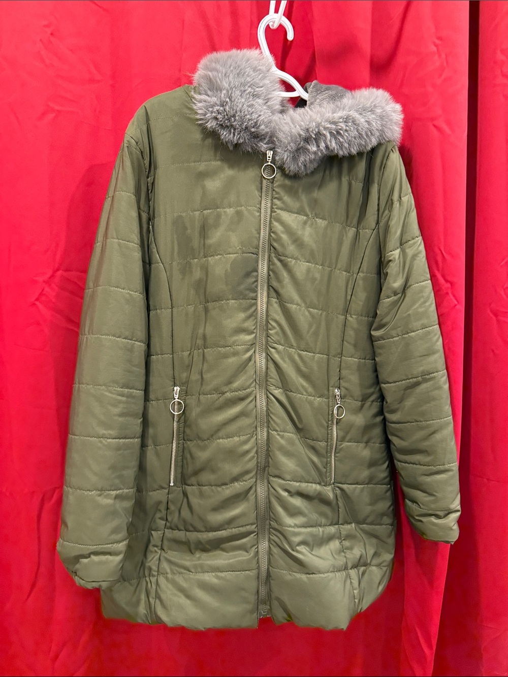Women’s Olive Green Quilted winter Jacket with Faux Fur Trim